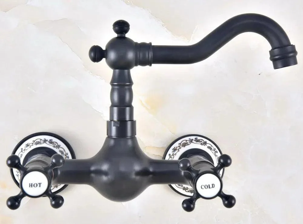 Black Oil Rubbed Brass Ceramic Base Wall Mounted Dual Cross Handle Tap -Bathlova