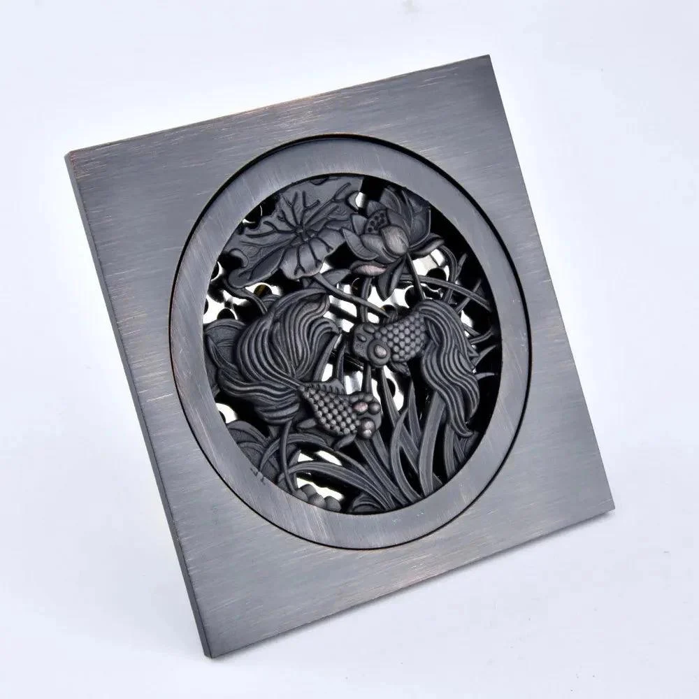 Black Oil Rubbed Bronze Carved Flower Pattern Bathroom Shower Drain -Bathlova