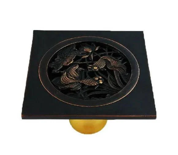 Black Oil Rubbed Bronze Floor Drain Goldfish Carve Pattern Square Bathroom -Bathlova