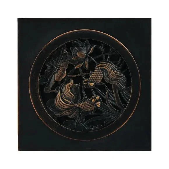 Black Oil Rubbed Bronze Floor Drain Goldfish Carve Pattern Square Bathroom -Bathlova