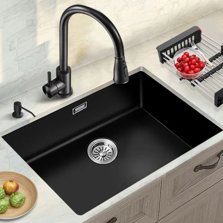 Black Quartz Kitchen Sink Contemporary Single Bowl Sink with Basket Strainer -Bathlova