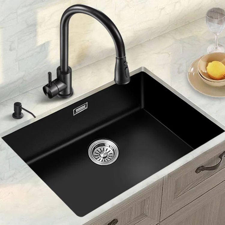 Black Quartz Kitchen Sink Contemporary Single Bowl Sink with Basket Strainer -Bathlova