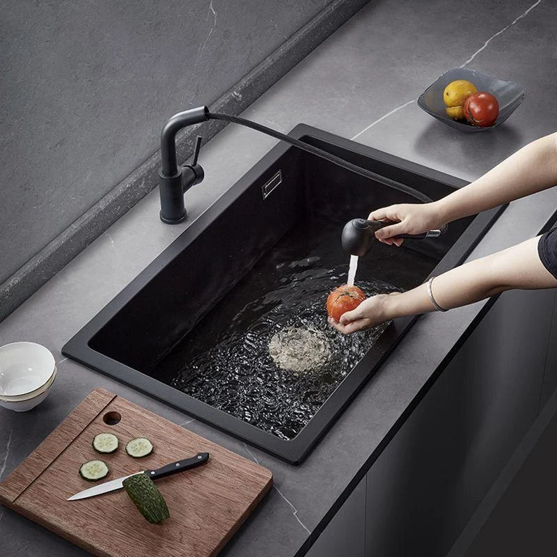 Black Quartz Kitchen Sink Drop-In Single Bowl Sink with Basket Strainer -Bathlova