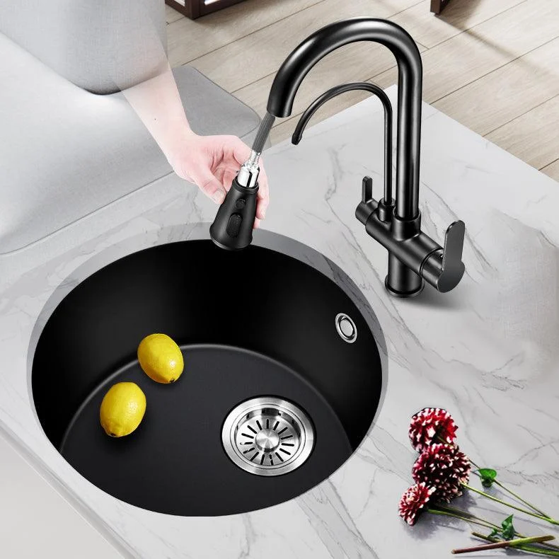 Black Quartz Kitchen Sink Round Single Bowl Sink with Basket Strainer -Bathlova