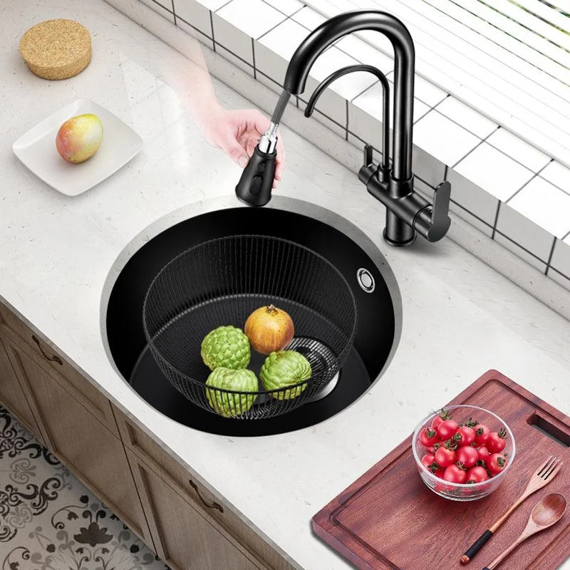 Black Quartz Kitchen Sink Round Single Bowl Sink with Basket Strainer -Bathlova