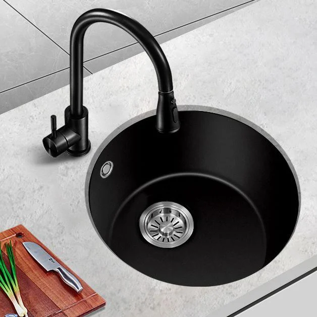 Black Quartz Kitchen Sink Round Single Bowl Sink with Basket Strainer -Bathlova