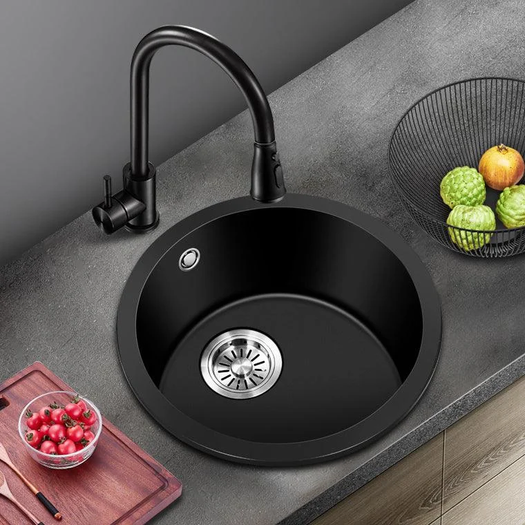 Black Quartz Kitchen Sink Round Single Bowl Sink with Basket Strainer -Bathlova