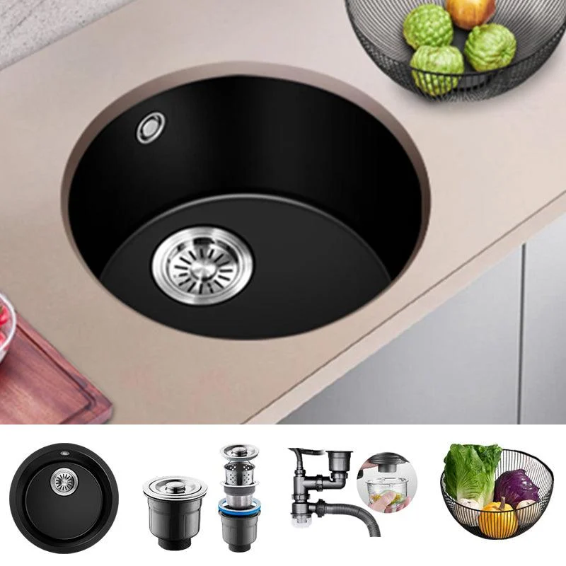 Black Quartz Kitchen Sink Round Single Bowl Sink with Basket Strainer -Bathlova