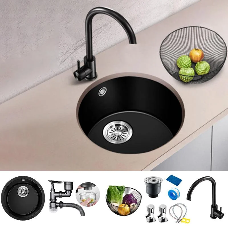 Black Quartz Kitchen Sink Round Single Bowl Sink with Basket Strainer -Bathlova