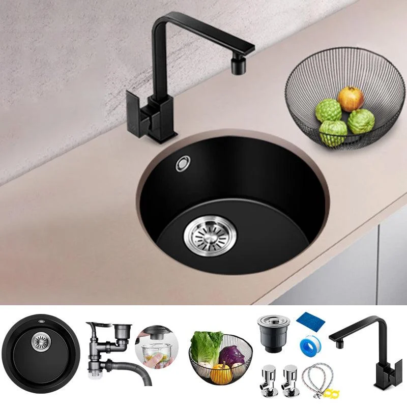 Black Quartz Kitchen Sink Round Single Bowl Sink with Basket Strainer -Bathlova