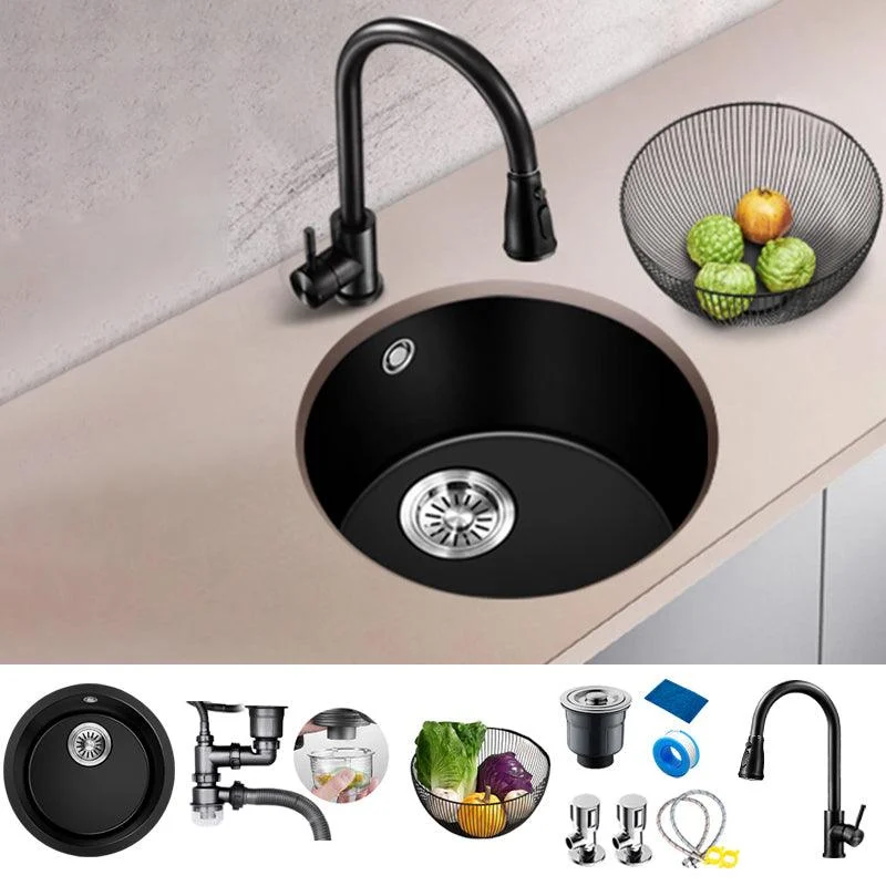 Black Quartz Kitchen Sink Round Single Bowl Sink with Basket Strainer -Bathlova