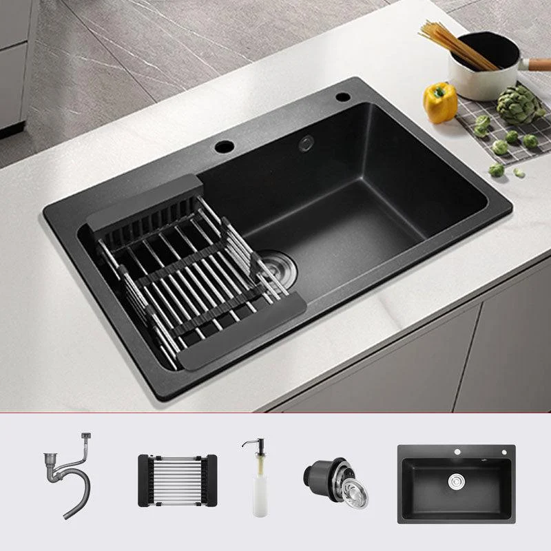 Black Quartz Sink Overflow Hole Detail Overflow Hole Kitchen Sink with Tap -Bathlova