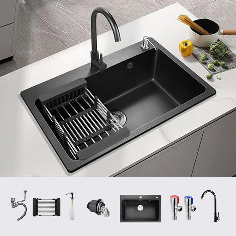 Black Quartz Sink Overflow Hole Detail Overflow Hole Kitchen Sink with Tap -Bathlova