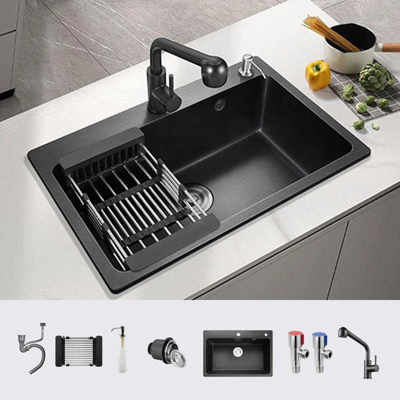 Black Quartz Sink Overflow Hole Detail Overflow Hole Kitchen Sink with Tap -Bathlova