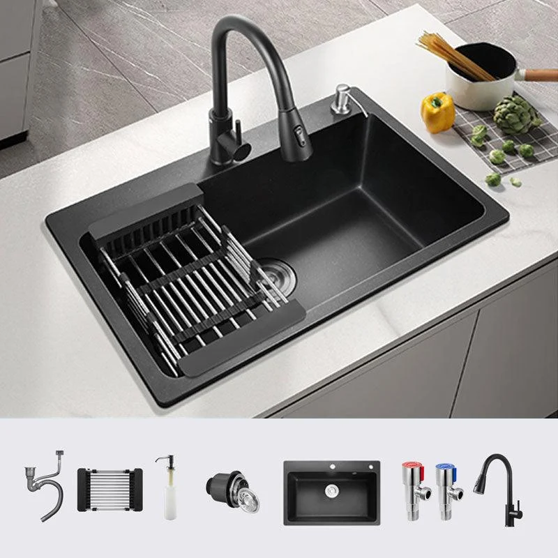 Black Quartz Sink Overflow Hole Detail Overflow Hole Kitchen Sink with Tap -Bathlova