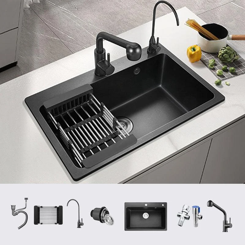 Black Quartz Sink Overflow Hole Detail Overflow Hole Kitchen Sink with Tap -Bathlova