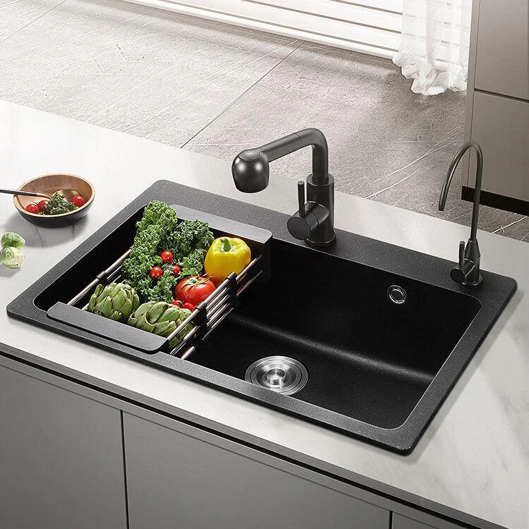 Black Quartz Sink Overflow Hole Detail Overflow Hole Kitchen Sink with Tap -Bathlova