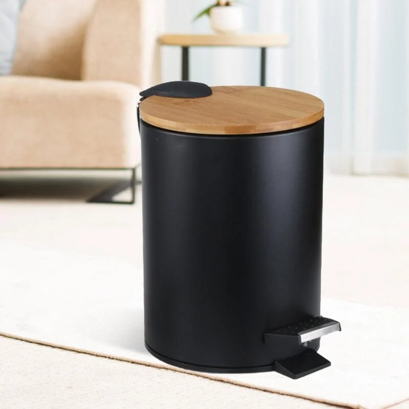 Black Step Trash Can with Bamboo Lid -Bathlova