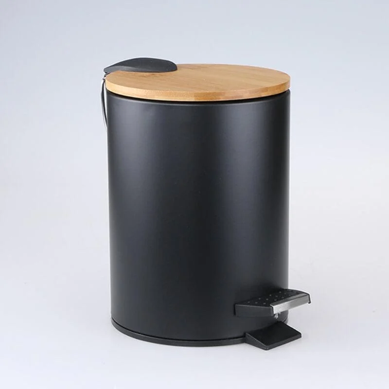 Black Step Trash Can with Bamboo Lid -Bathlova