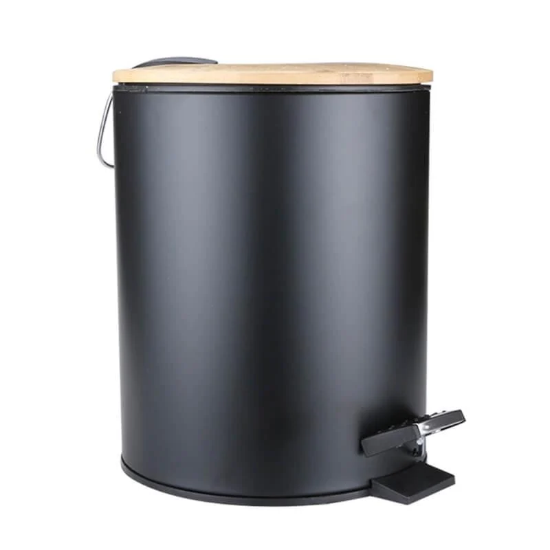 Black Step Trash Can with Bamboo Lid -Bathlova