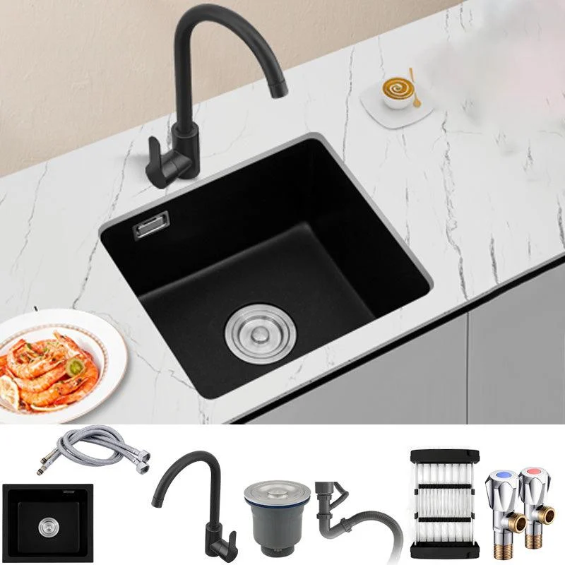 Black Undermount Kitchen Sink Single Bowl Quartz Sink with Drain Strainer -Bathlova