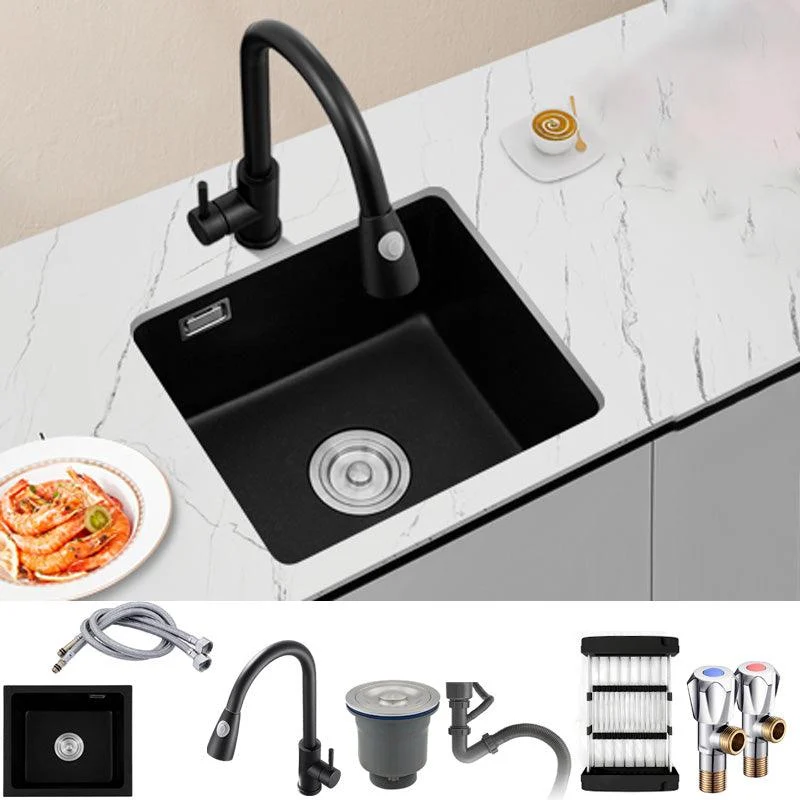 Black Undermount Kitchen Sink Single Bowl Quartz Sink with Drain Strainer -Bathlova