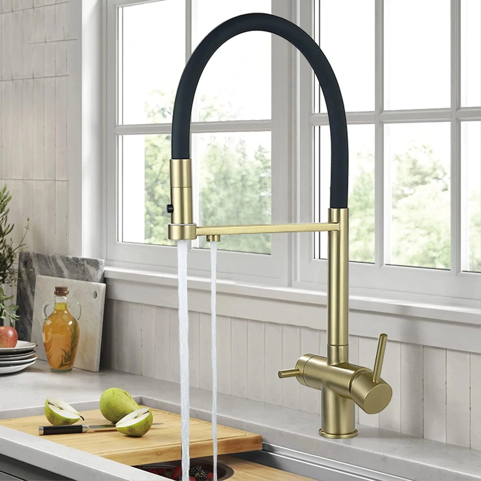 Brass Kitchen Tap Double Handle Integrated Sink Two Function Tap -Bathlova