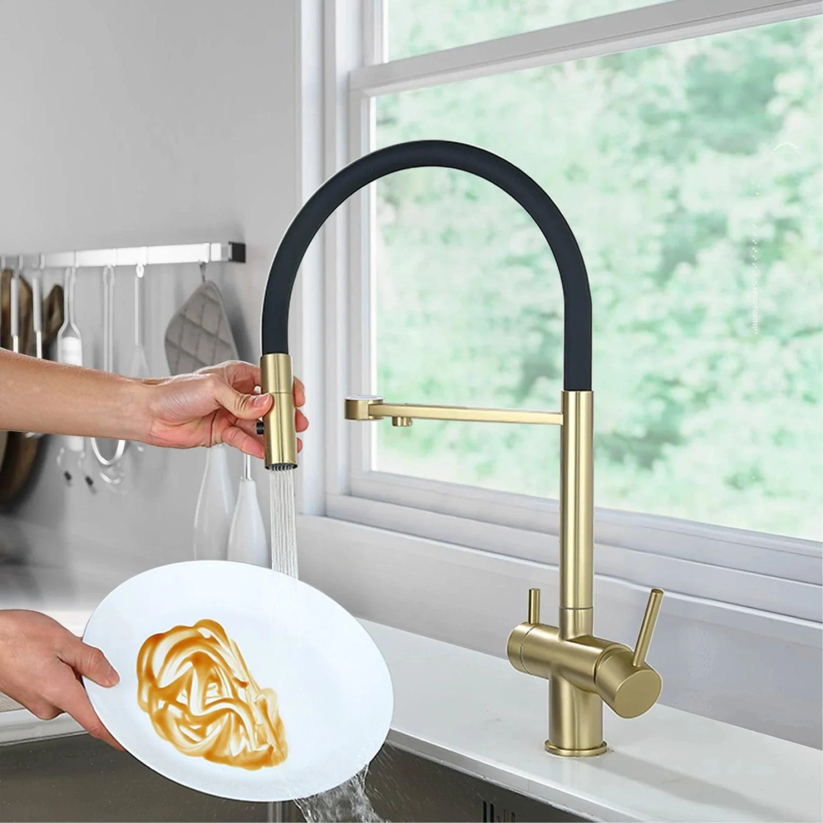 Brass Kitchen Tap Double Handle Integrated Sink Two Function Tap -Bathlova