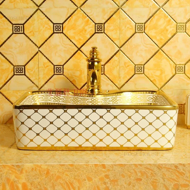 Ceramic Bathroom Sinks Golden Rectangular Wash Basin Bathroom Fixture -Bathlova