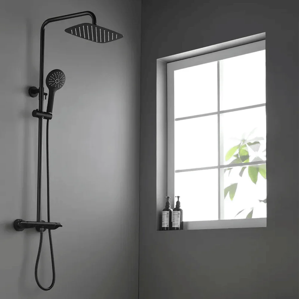 Contemporary Thermostatic Shower System in Matte Black - Solid Brass Rainfall Shower Head -Bathlova