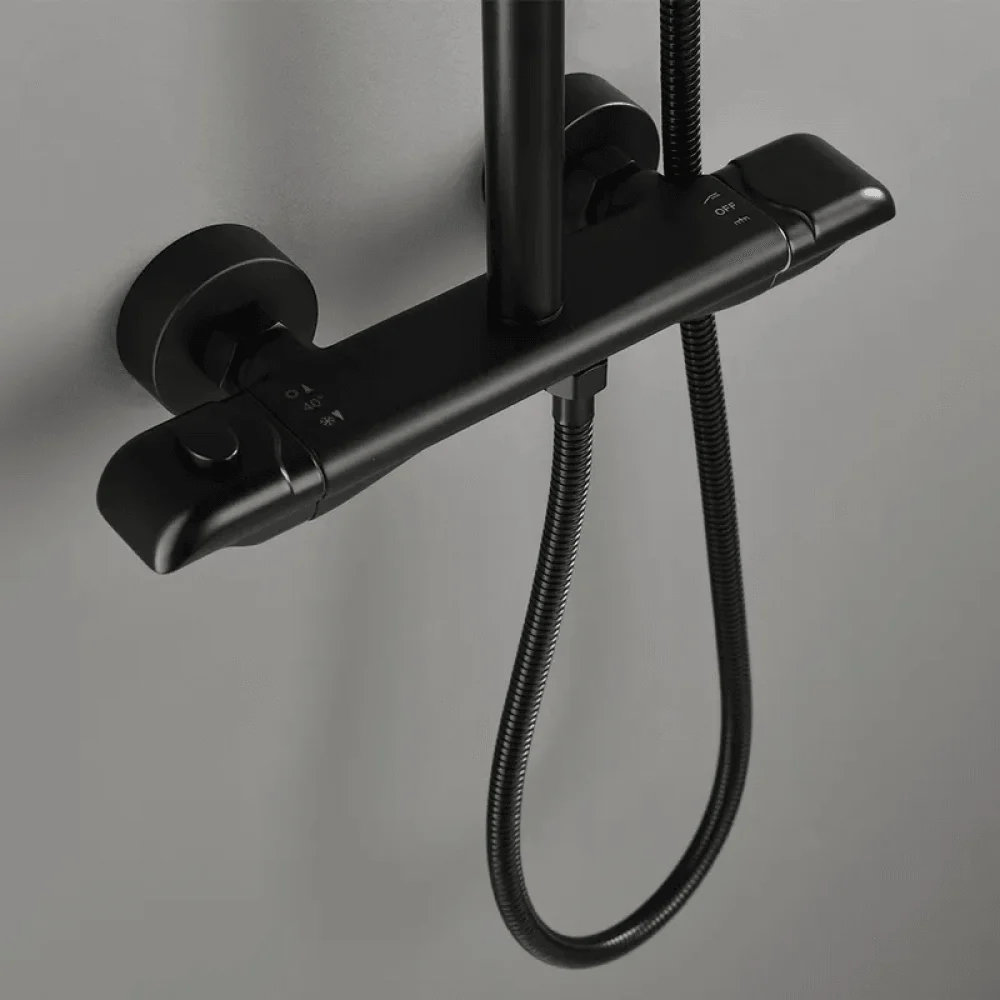 Contemporary Thermostatic Shower System in Matte Black - Solid Brass Rainfall Shower Head -Bathlova