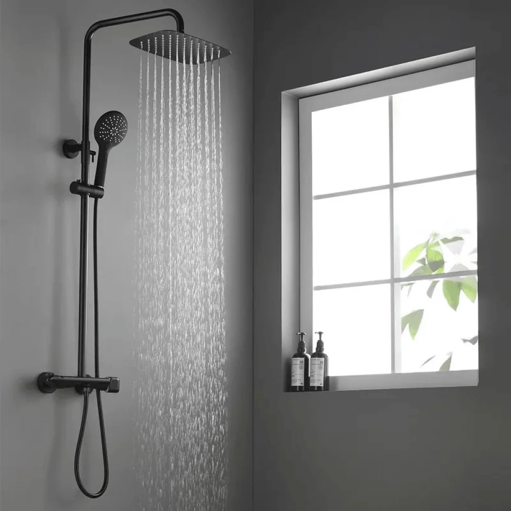 Contemporary Thermostatic Shower System in Matte Black - Solid Brass Rainfall Shower Head -Bathlova