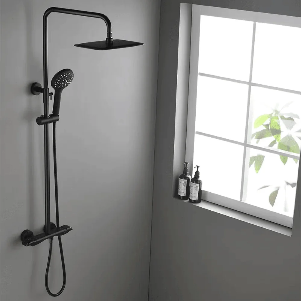 Contemporary Thermostatic Shower System in Matte Black - Solid Brass Rainfall Shower Head -Bathlova