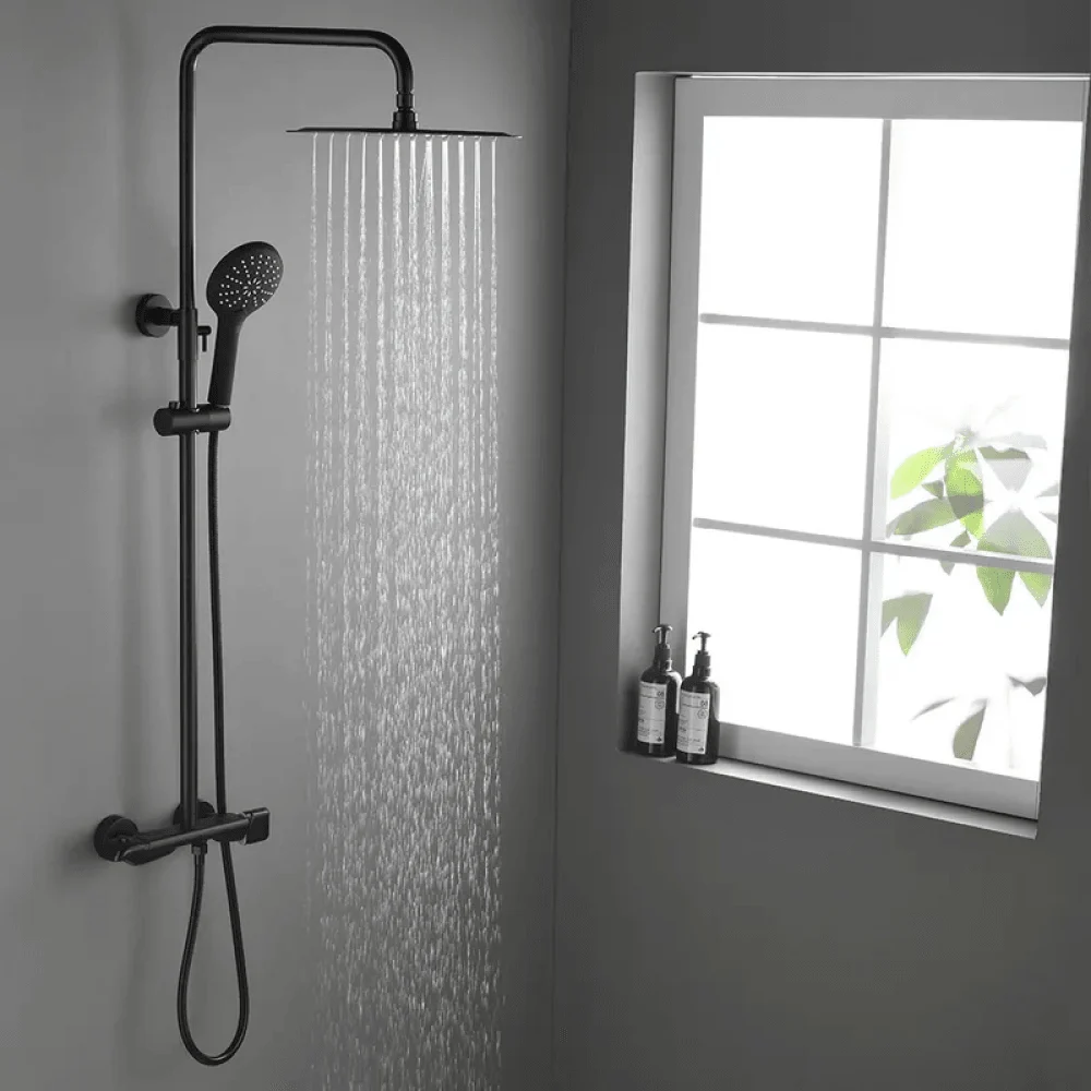 Contemporary Thermostatic Shower System in Matte Black - Solid Brass Rainfall Shower Head -Bathlova