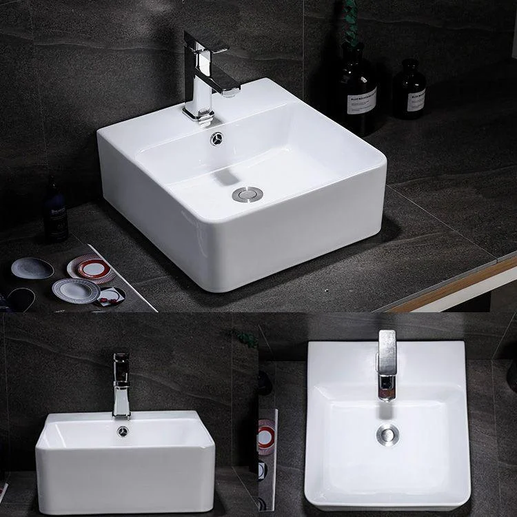 Contemporary Vessel Bathroom Sink Rectangular White Ceramic Overflow Drain Assembly Sink -Bathlova