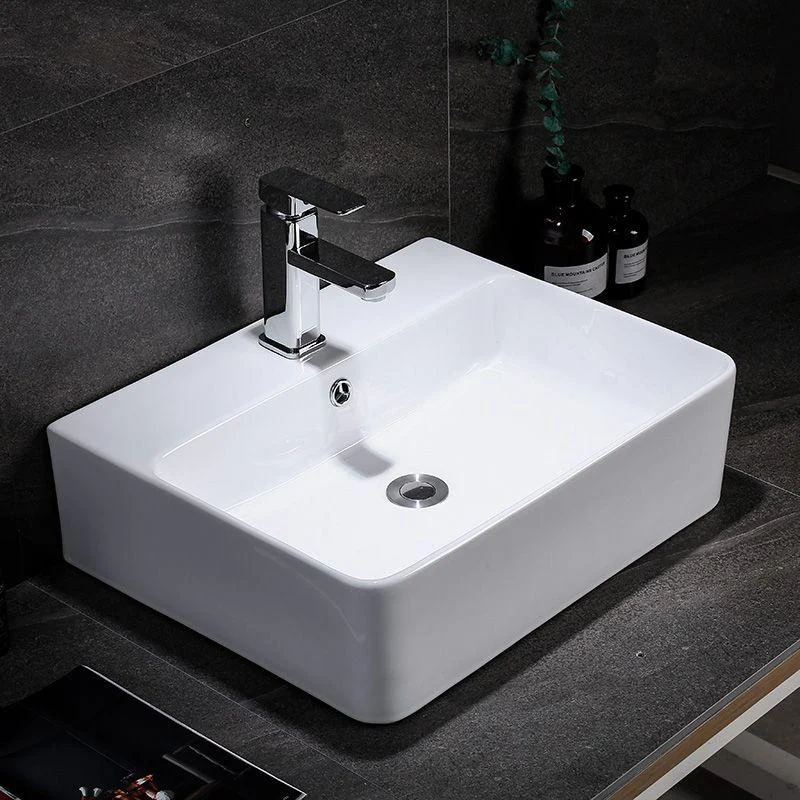 Contemporary Vessel Bathroom Sink Rectangular White Ceramic Overflow Drain Assembly Sink -Bathlova