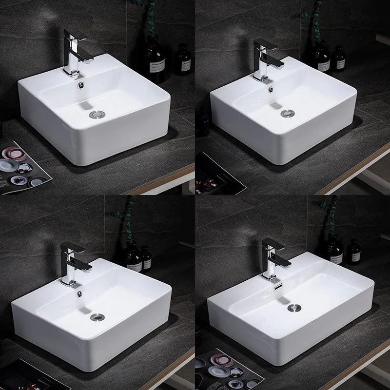 Contemporary Vessel Bathroom Sink Rectangular White Ceramic Overflow Drain Assembly Sink -Bathlova