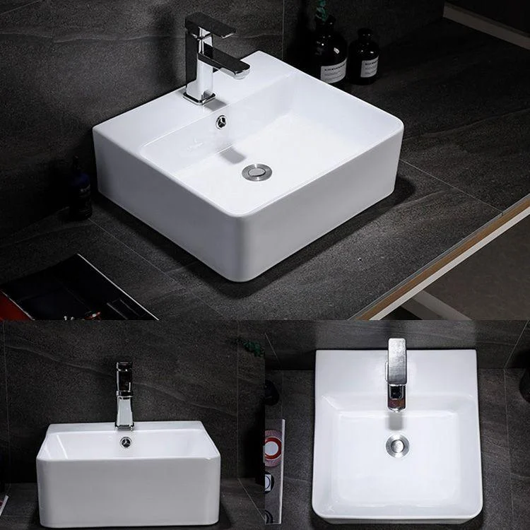 Contemporary Vessel Bathroom Sink Rectangular White Ceramic Overflow Drain Assembly Sink -Bathlova