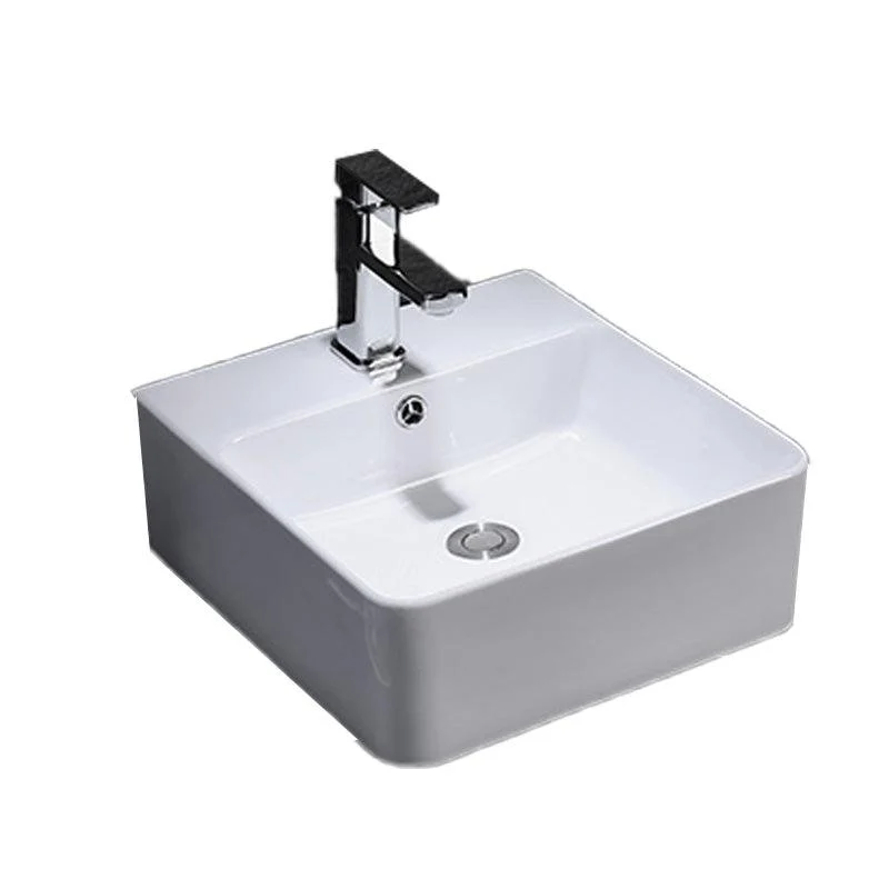 Contemporary Vessel Bathroom Sink Rectangular White Ceramic Overflow Drain Assembly Sink -Bathlova