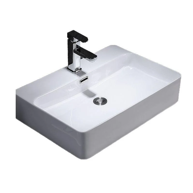 Contemporary Vessel Bathroom Sink Rectangular White Ceramic Overflow Drain Assembly Sink -Bathlova