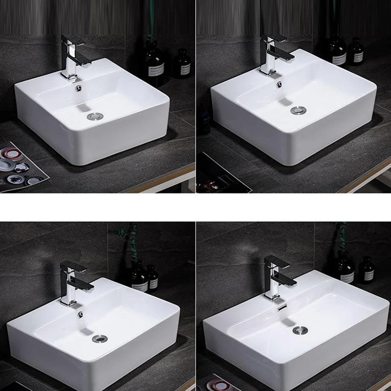 Contemporary Vessel Bathroom Sink Rectangular White Ceramic Overflow Drain Assembly Sink -Bathlova