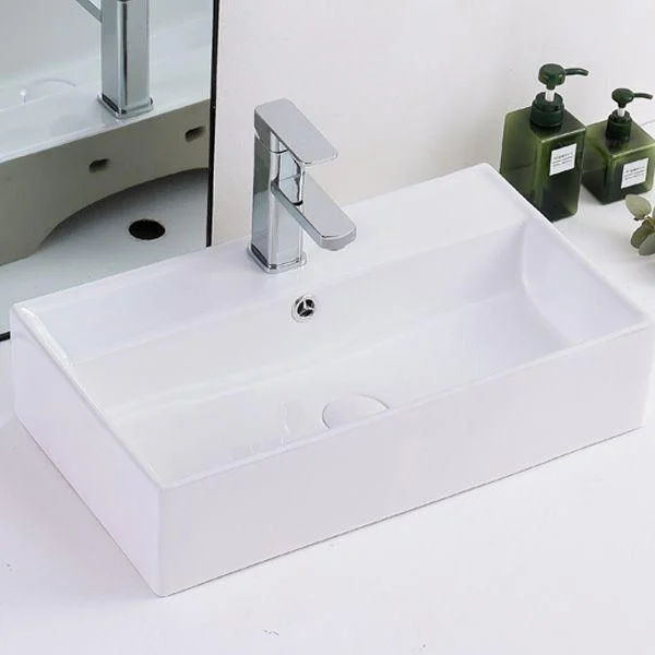 Contemporary Vessel Bathroom Sink Rectangular White Ceramic Overflow Drain Assembly Sink -Bathlova