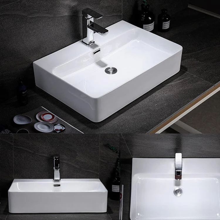 Contemporary Vessel Bathroom Sink Rectangular White Ceramic Overflow Drain Assembly Sink -Bathlova