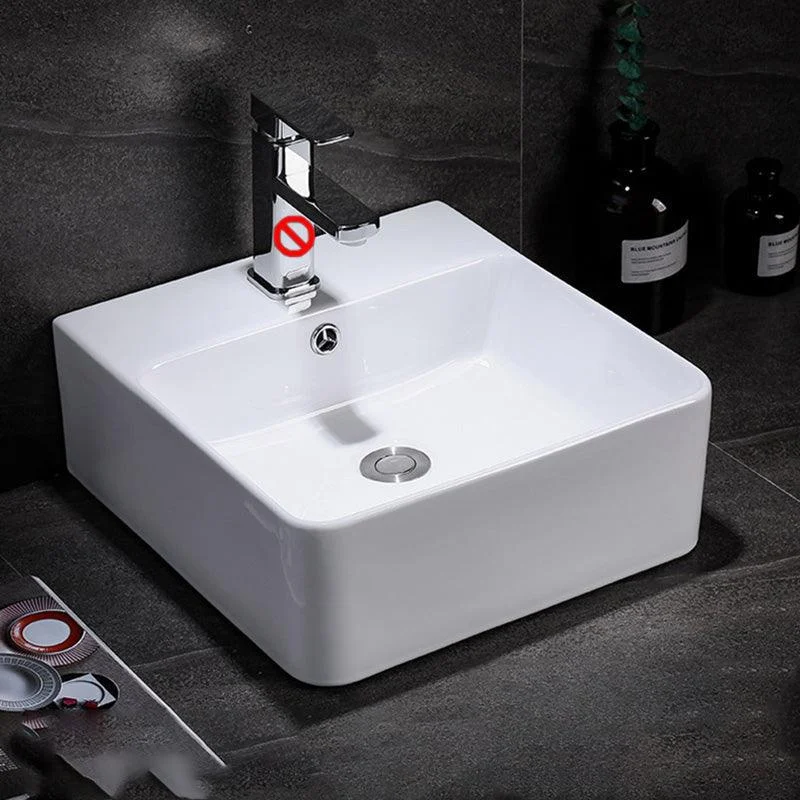 Contemporary Vessel Bathroom Sink Rectangular White Ceramic Overflow Drain Assembly Sink -Bathlova