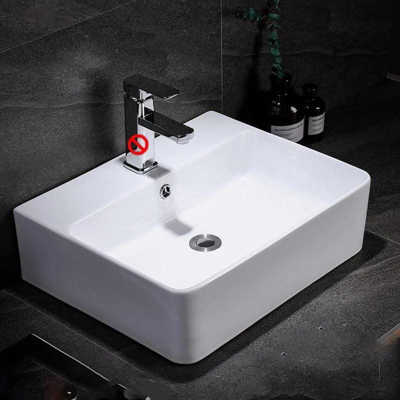 Contemporary Vessel Bathroom Sink Rectangular White Ceramic Overflow Drain Assembly Sink -Bathlova