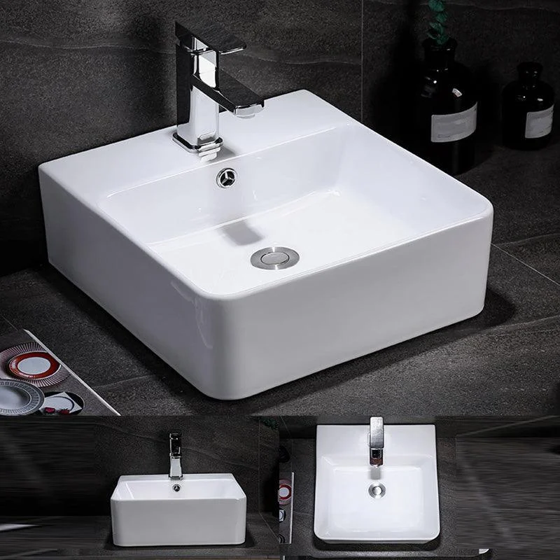 Contemporary Vessel Bathroom Sink Rectangular White Ceramic Overflow Drain Assembly Sink -Bathlova