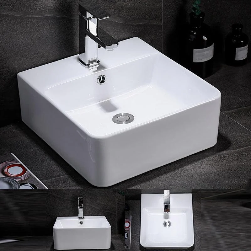 Contemporary Vessel Bathroom Sink Rectangular White Ceramic Overflow Drain Assembly Sink -Bathlova