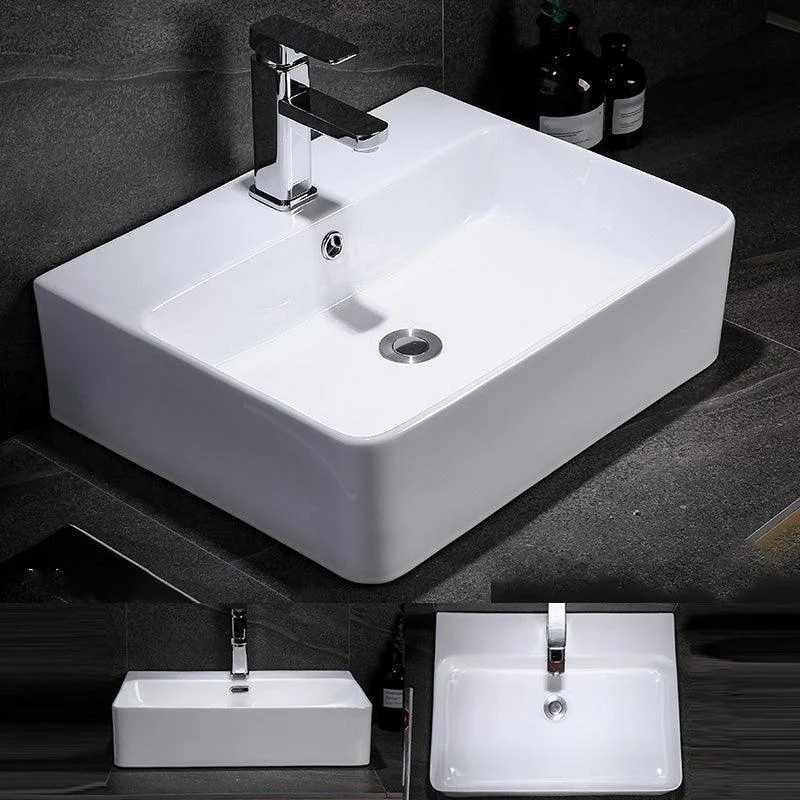 Contemporary Vessel Bathroom Sink Rectangular White Ceramic Overflow Drain Assembly Sink -Bathlova