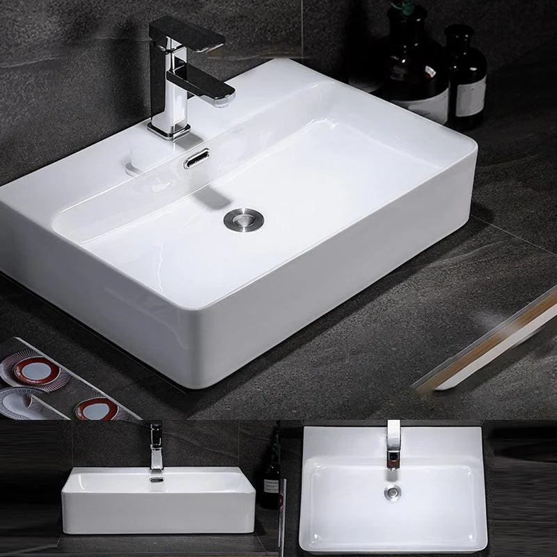 Contemporary Vessel Bathroom Sink Rectangular White Ceramic Overflow Drain Assembly Sink -Bathlova