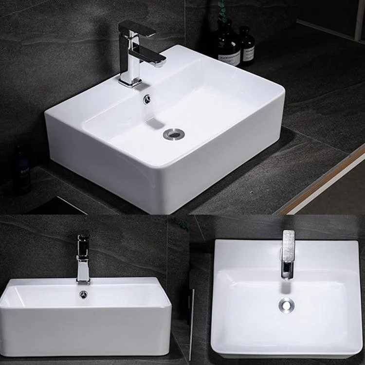 Contemporary Vessel Bathroom Sink Rectangular White Ceramic Overflow Drain Assembly Sink -Bathlova